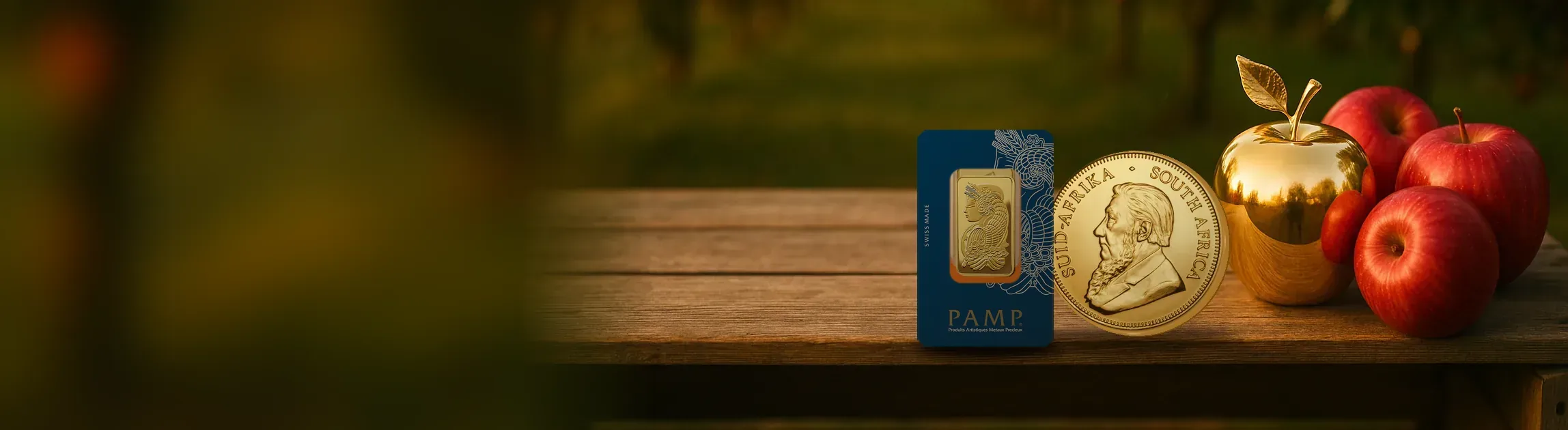 Sztabka złota PAMP Fortuna 1 oz, złota moneta Krugerrand i złote jabłko na skrzynce w grójeckim sadzie – złoto inwestycyjne w Grójcu